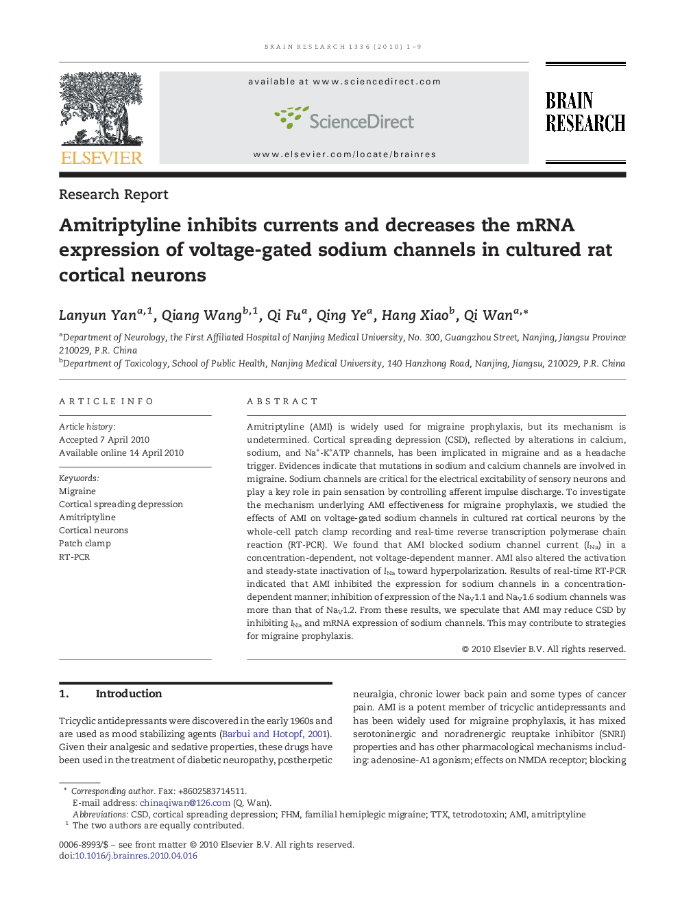 Amitriptyline inhibits currents and decreases the mRNA expression of voltage-gated sodium channels in cultured rat cortical neurons