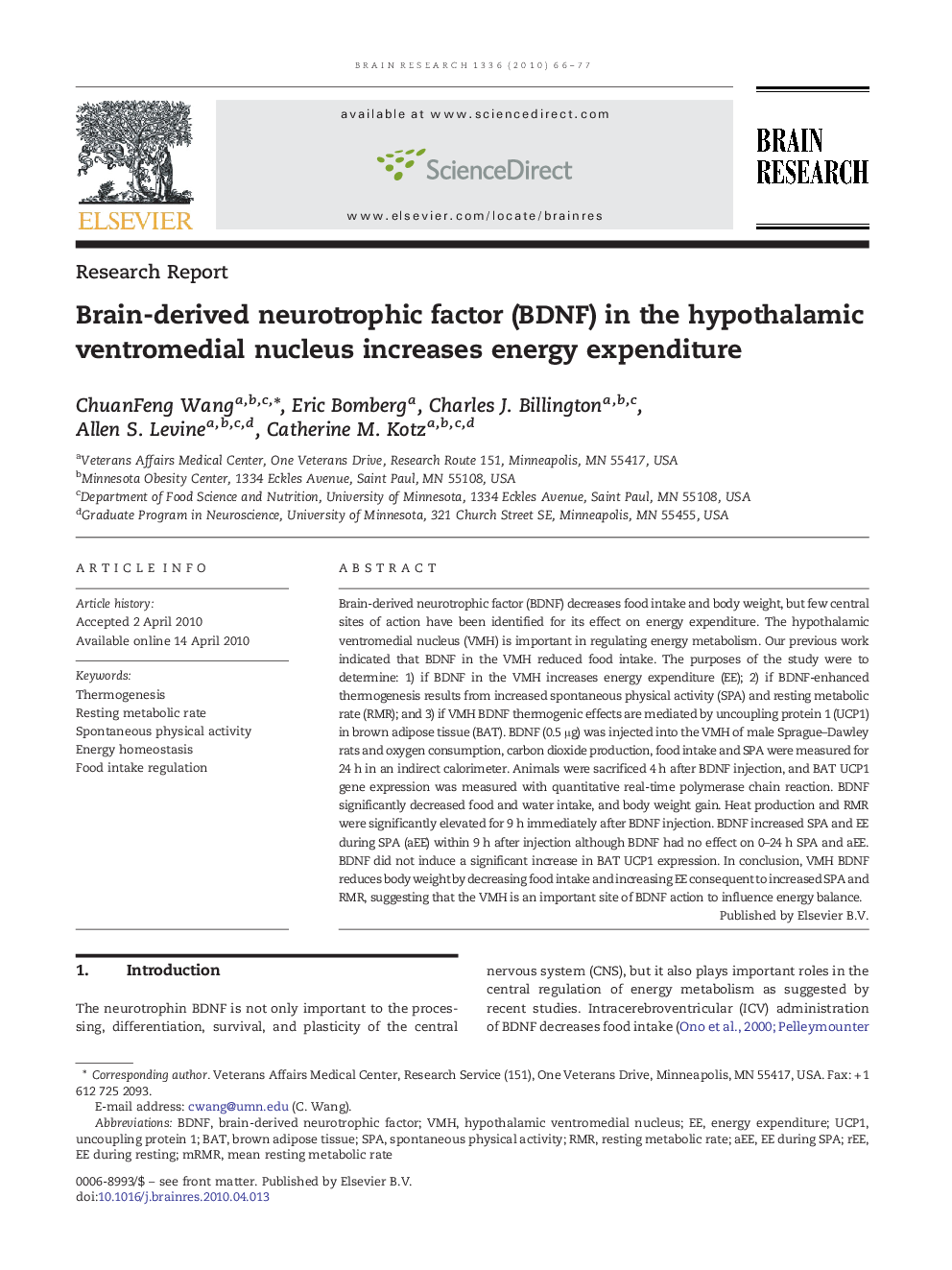 Brain-derived neurotrophic factor (BDNF) in the hypothalamic ventromedial nucleus increases energy expenditure