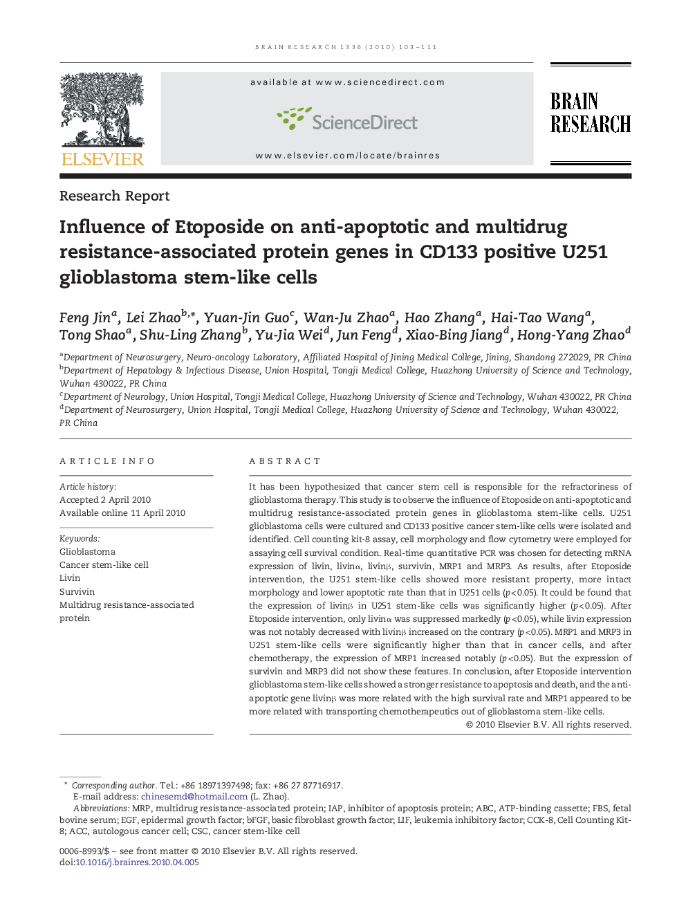 Influence of Etoposide on anti-apoptotic and multidrug resistance-associated protein genes in CD133 positive U251 glioblastoma stem-like cells