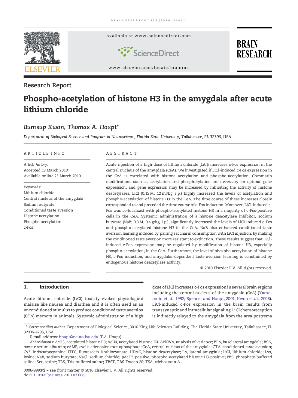 Phospho-acetylation of histone H3 in the amygdala after acute lithium chloride