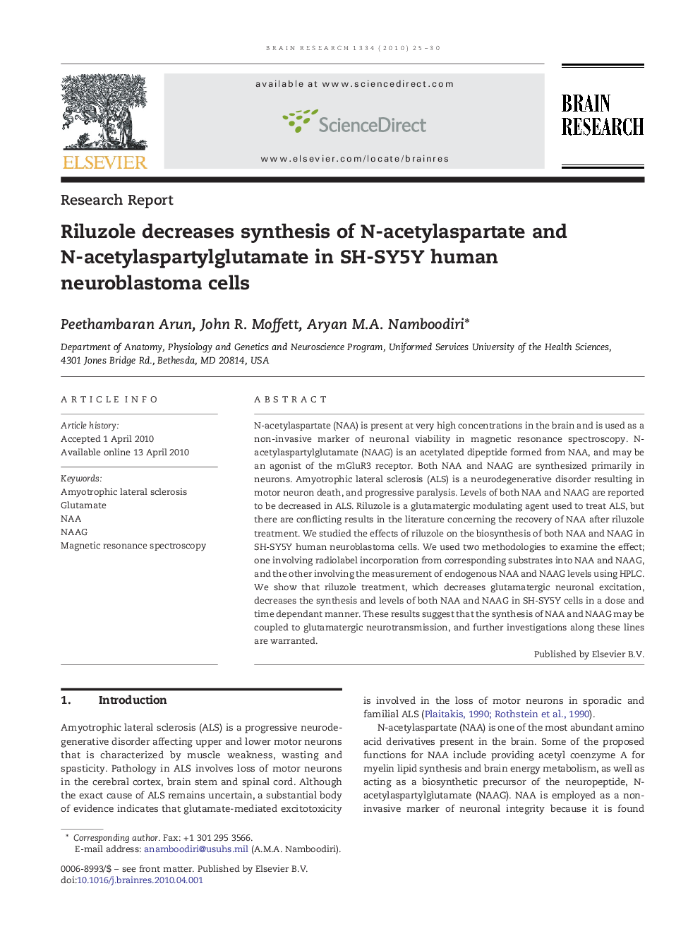 Riluzole decreases synthesis of N-acetylaspartate and N-acetylaspartylglutamate in SH-SY5Y human neuroblastoma cells