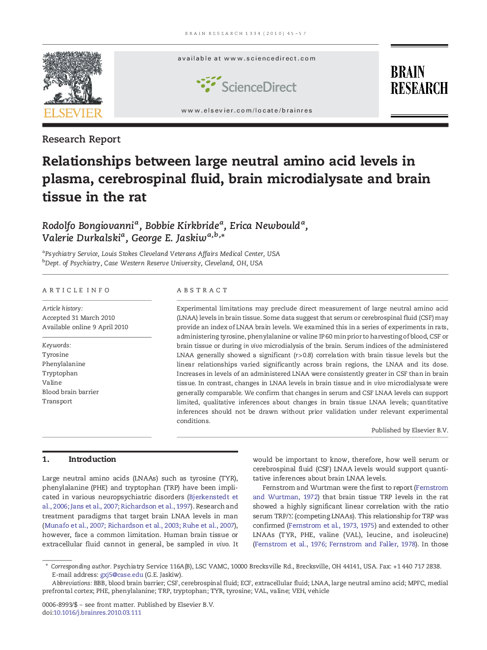 Relationships between large neutral amino acid levels in plasma, cerebrospinal fluid, brain microdialysate and brain tissue in the rat