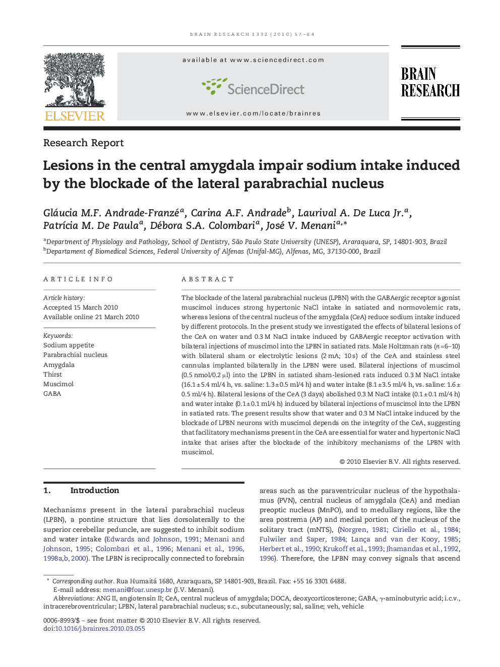 Lesions in the central amygdala impair sodium intake induced by the blockade of the lateral parabrachial nucleus