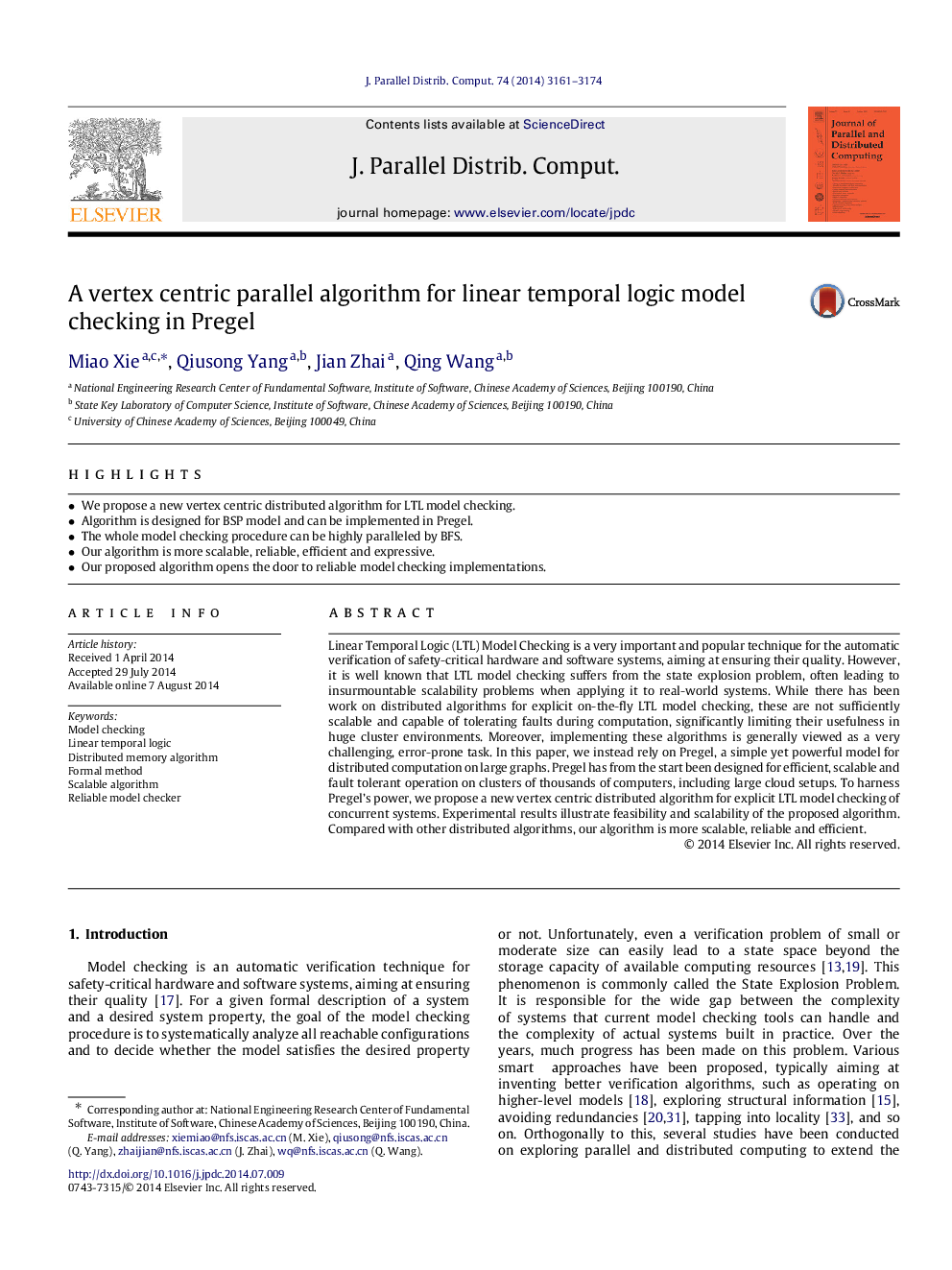 A vertex centric parallel algorithm for linear temporal logic model checking in Pregel