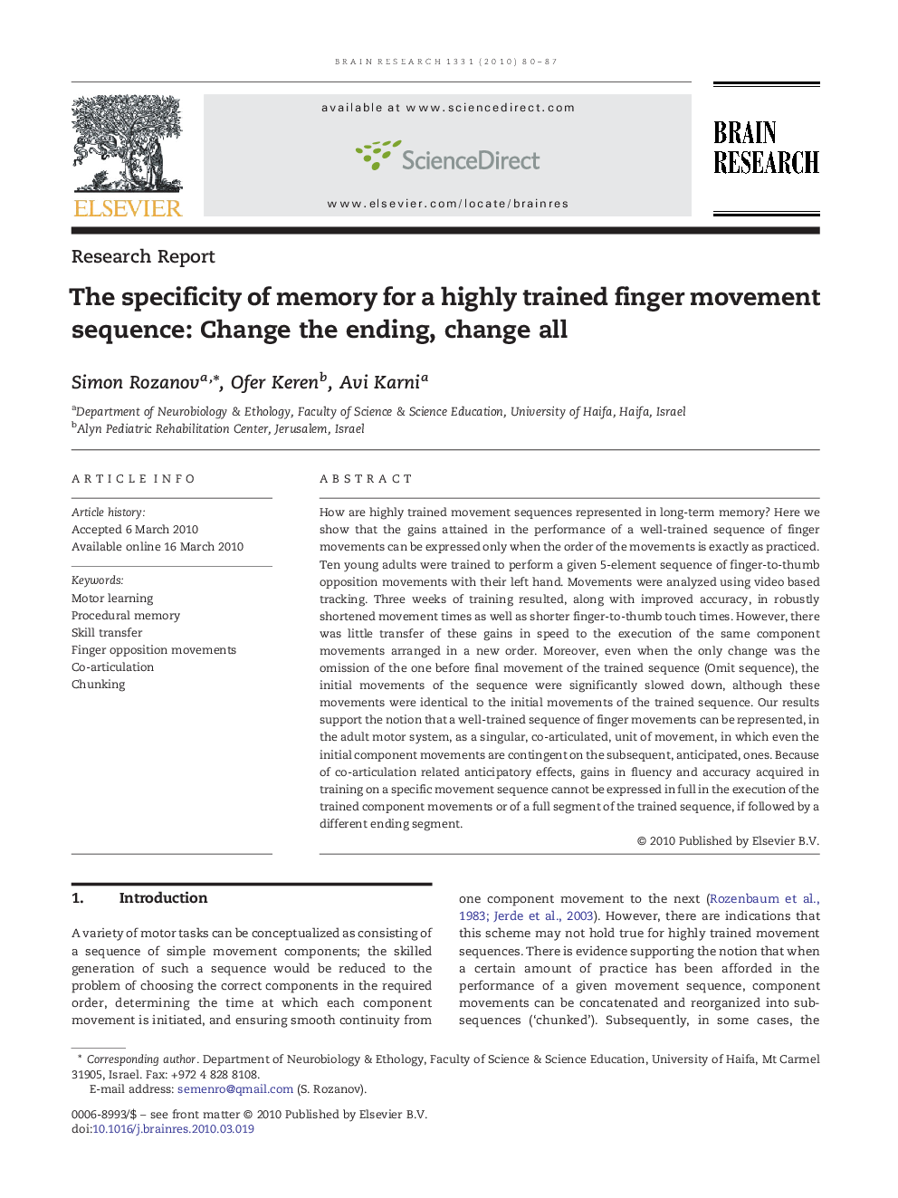 The specificity of memory for a highly trained finger movement sequence: Change the ending, change all