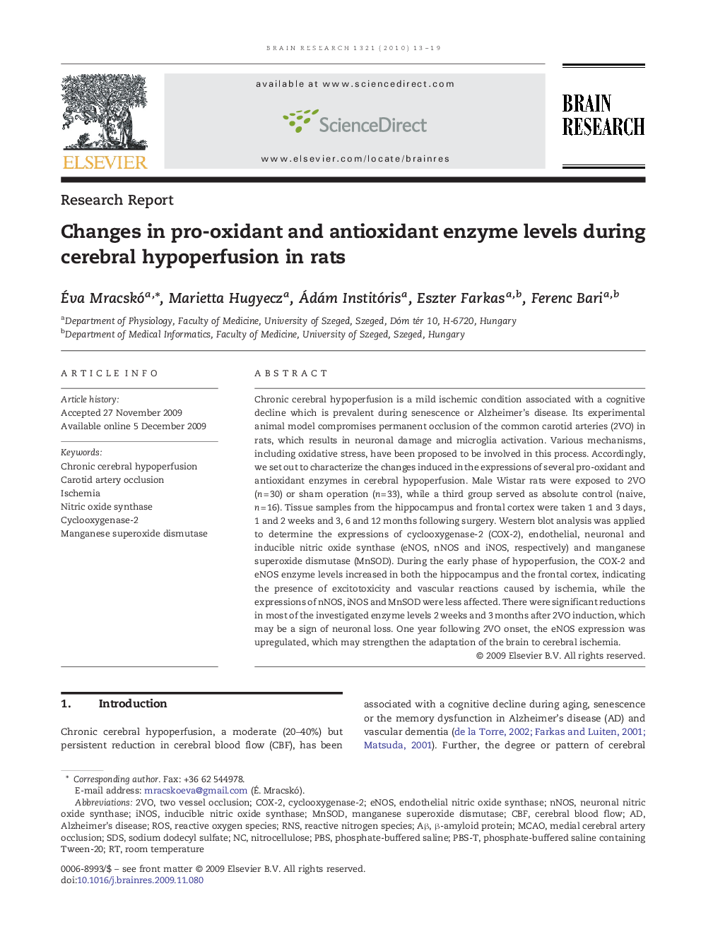 Changes in pro-oxidant and antioxidant enzyme levels during cerebral hypoperfusion in rats