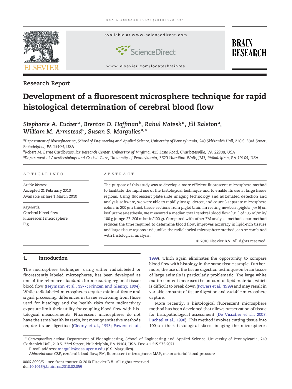 Development of a fluorescent microsphere technique for rapid histological determination of cerebral blood flow