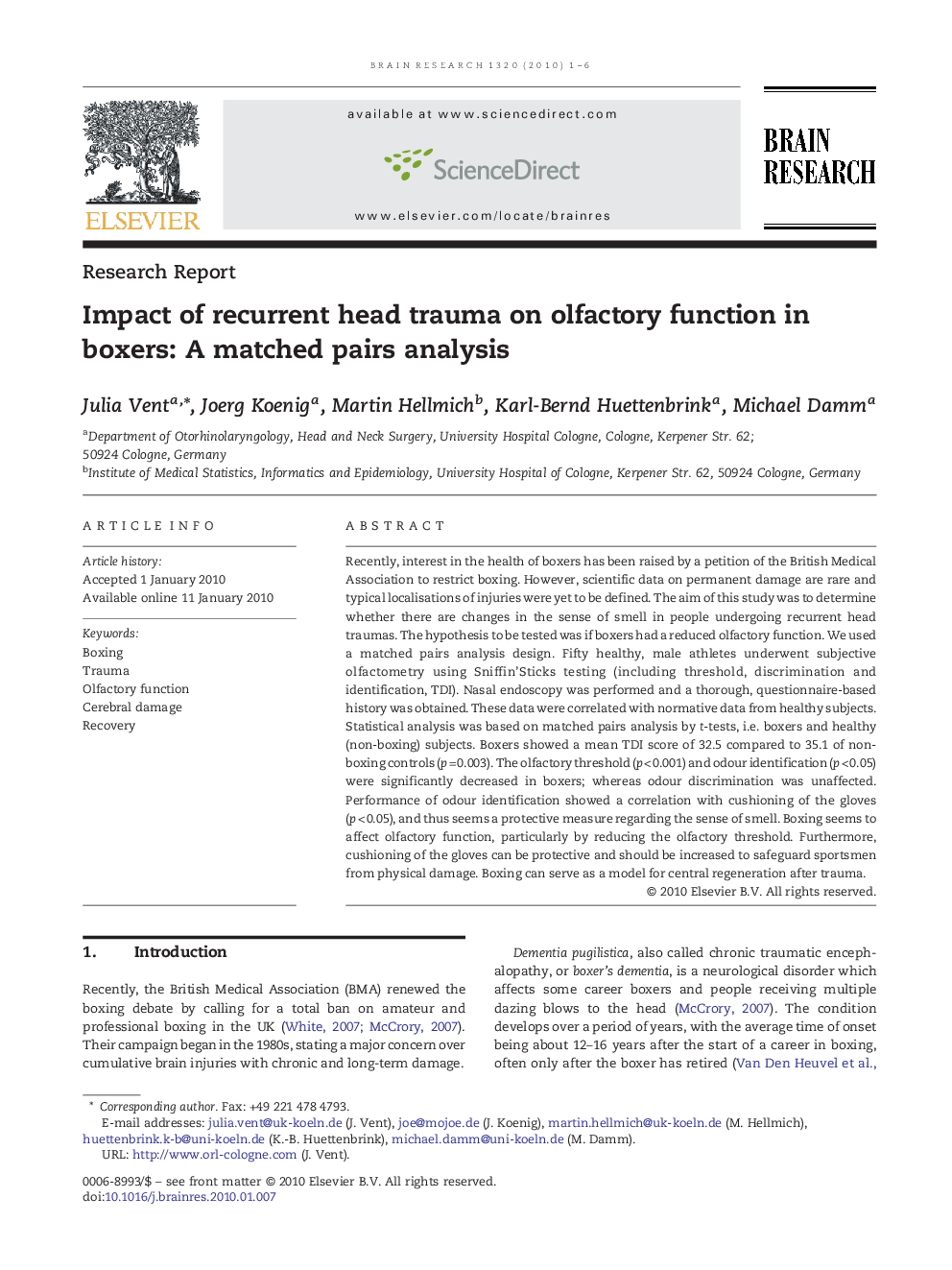 Impact of recurrent head trauma on olfactory function in boxers: A matched pairs analysis