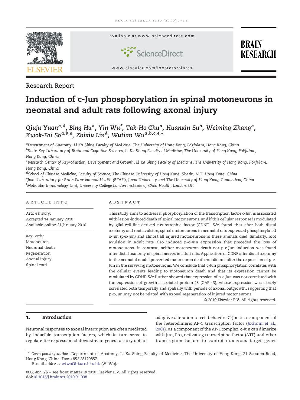 Induction of c-Jun phosphorylation in spinal motoneurons in neonatal and adult rats following axonal injury