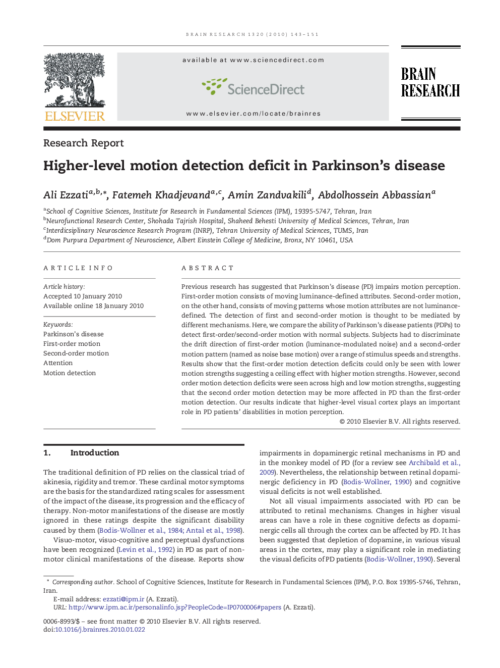 Higher-level motion detection deficit in Parkinson's disease