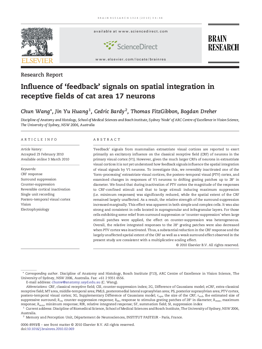 Influence of 'feedback' signals on spatial integration in receptive fields of cat area 17 neurons