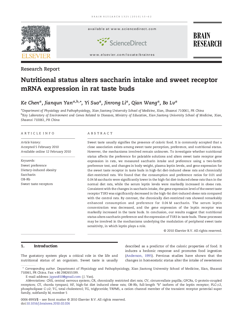 Nutritional status alters saccharin intake and sweet receptor mRNA expression in rat taste buds