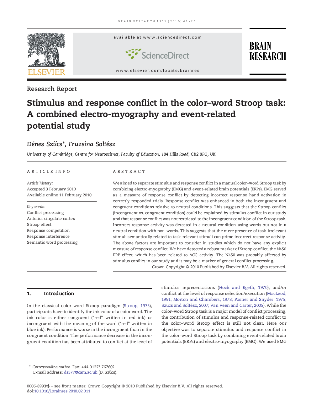 Stimulus and response conflict in the color–word Stroop task: A combined electro-myography and event-related potential study