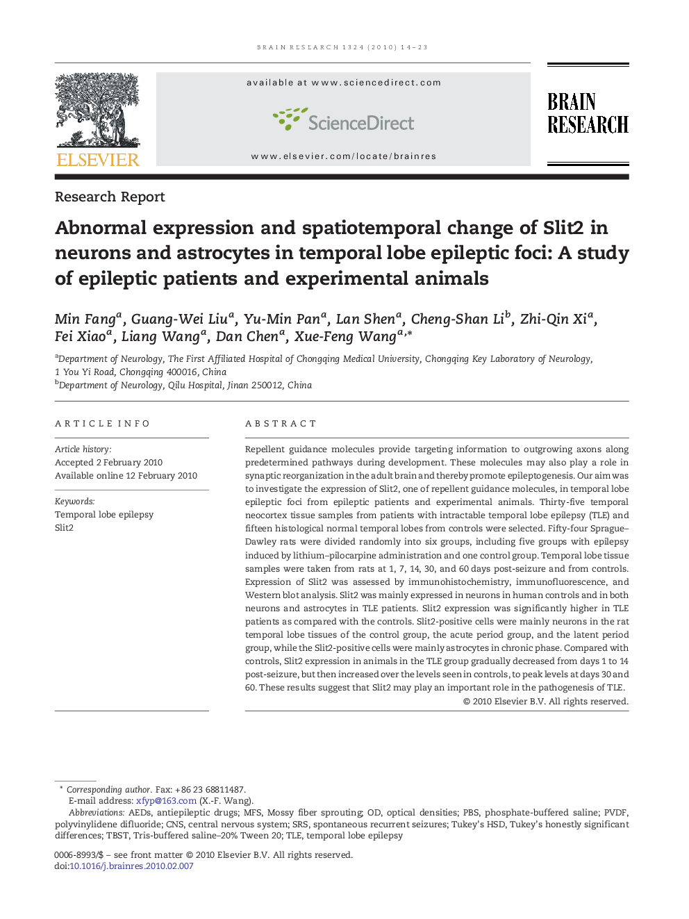 Abnormal expression and spatiotemporal change of Slit2 in neurons and astrocytes in temporal lobe epileptic foci: A study of epileptic patients and experimental animals