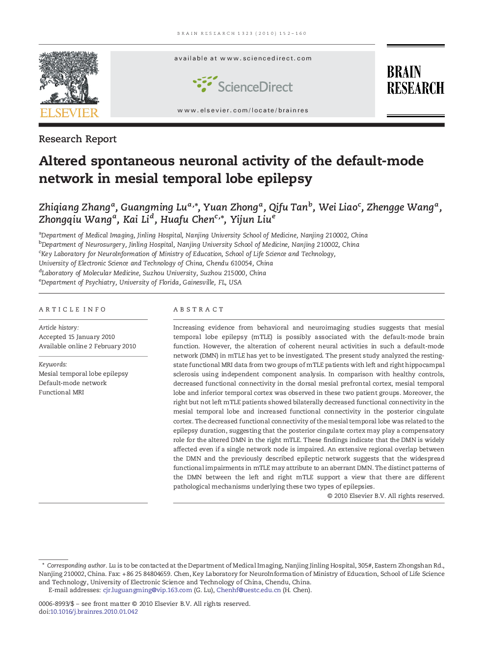 Altered spontaneous neuronal activity of the default-mode network in mesial temporal lobe epilepsy