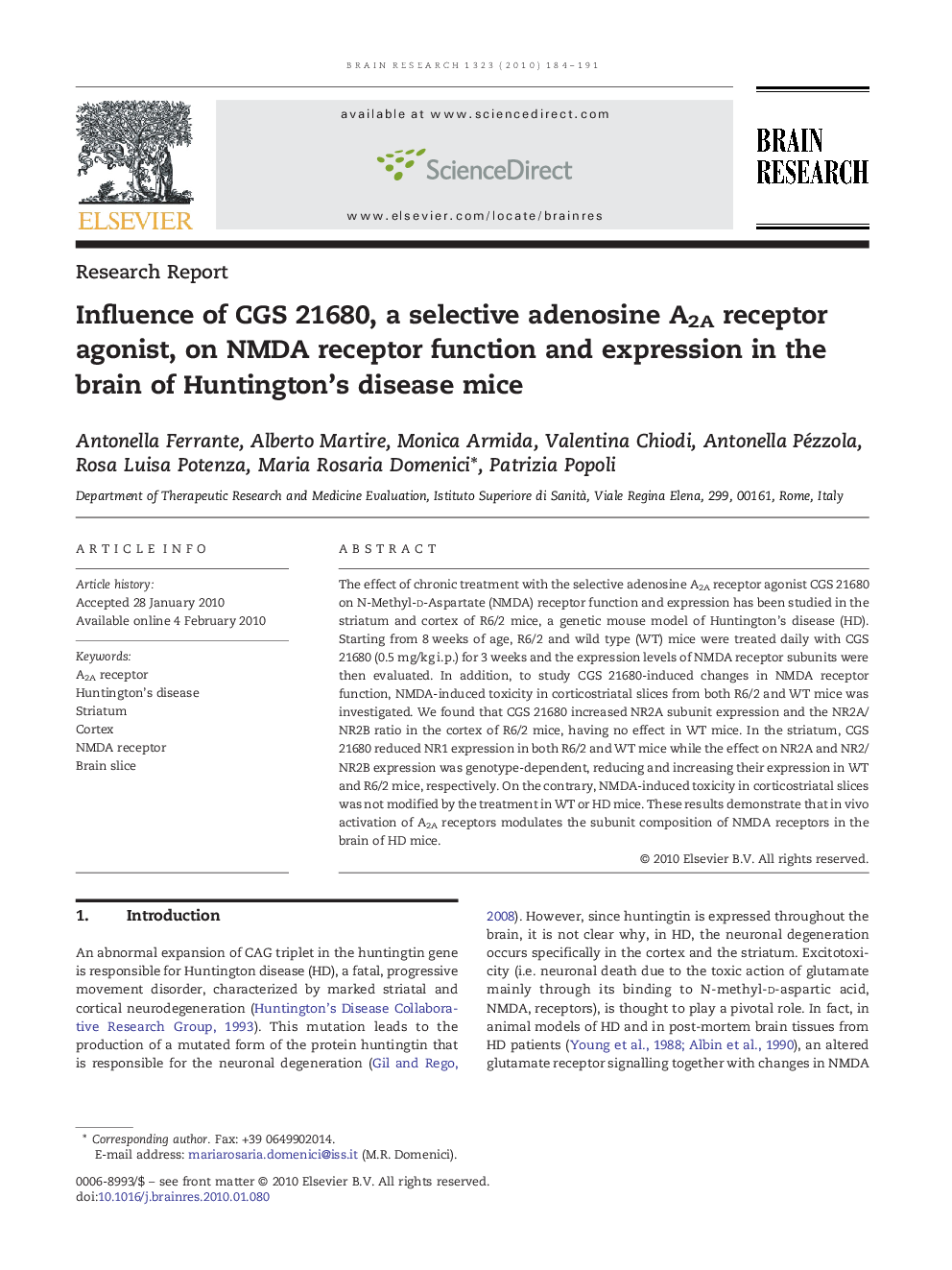 Influence of CGS 21680, a selective adenosine A2A receptor agonist, on NMDA receptor function and expression in the brain of Huntington's disease mice