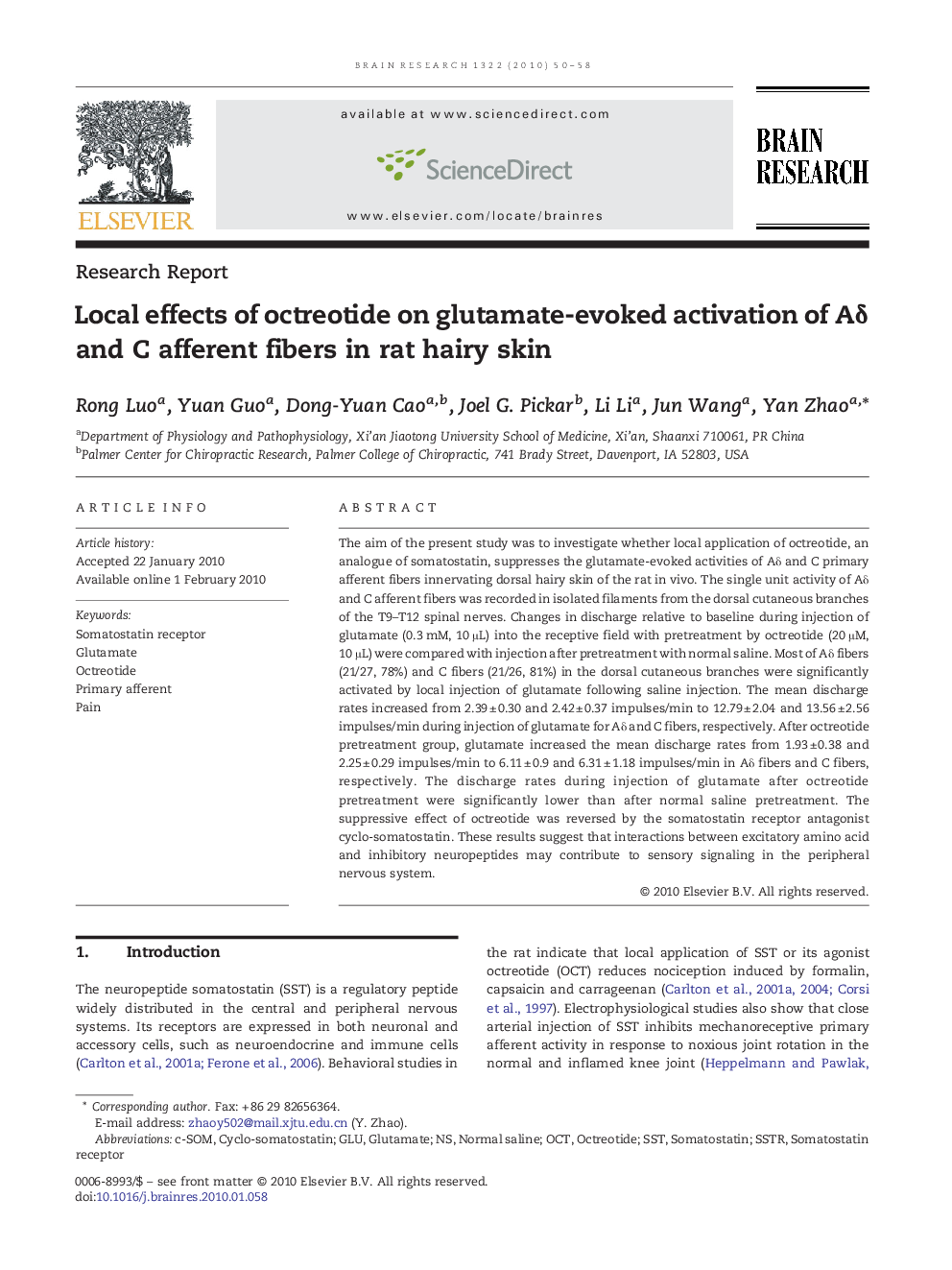 Local effects of octreotide on glutamate-evoked activation of Aδ and C afferent fibers in rat hairy skin