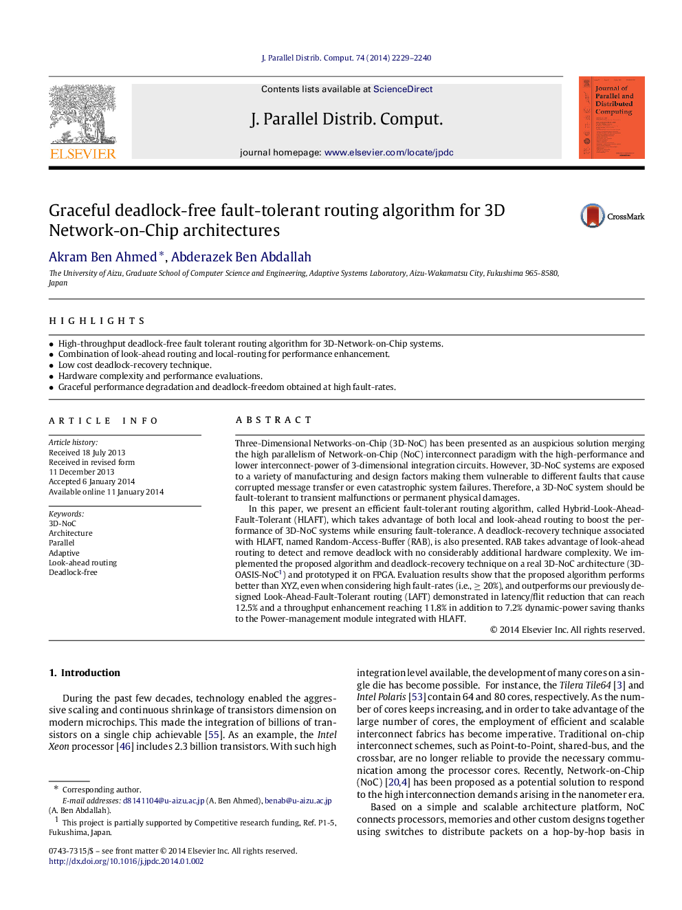 Graceful deadlock-free fault-tolerant routing algorithm for 3D Network-on-Chip architectures