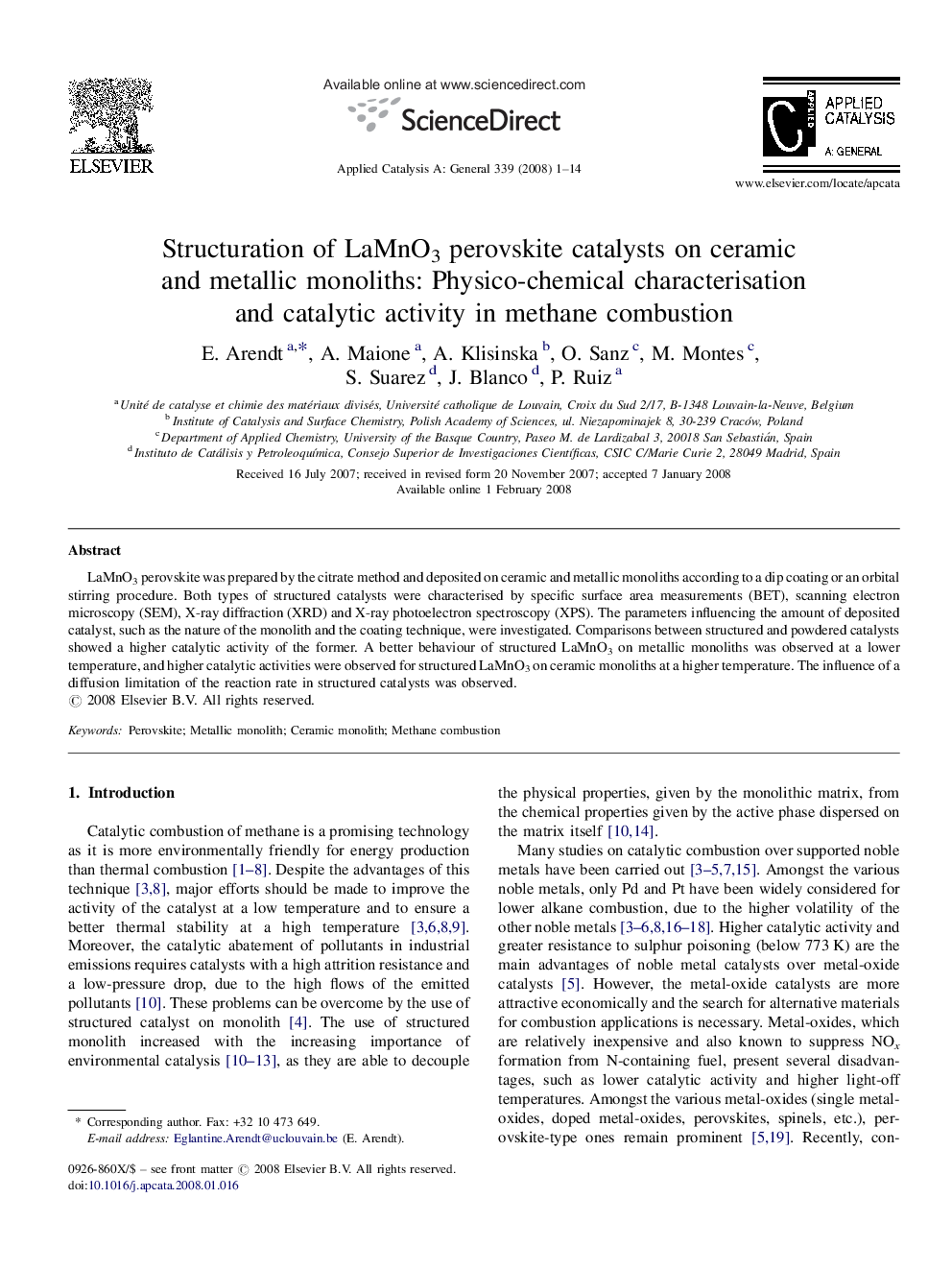 Structuration of LaMnO3 perovskite catalysts on ceramic and metallic monoliths: Physico-chemical characterisation and catalytic activity in methane combustion