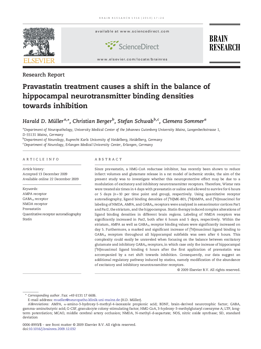 Pravastatin treatment causes a shift in the balance of hippocampal neurotransmitter binding densities towards inhibition