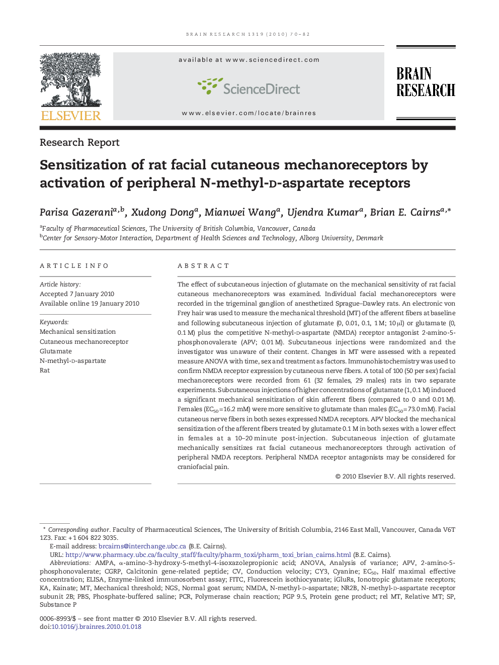 Sensitization of rat facial cutaneous mechanoreceptors by activation of peripheral N-methyl-d-aspartate receptors