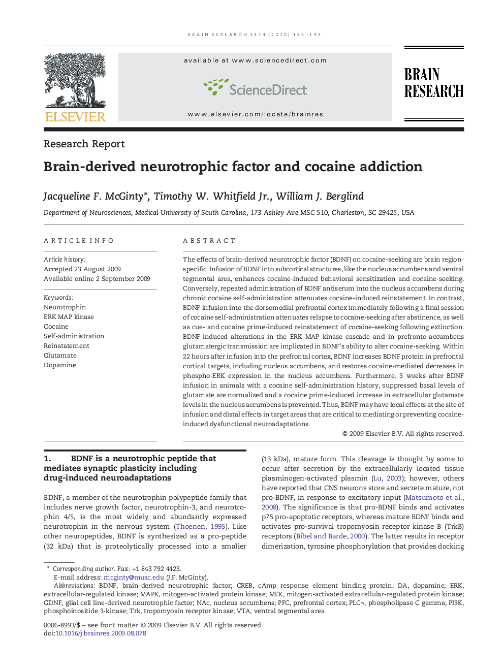 Brain-derived neurotrophic factor and cocaine addiction