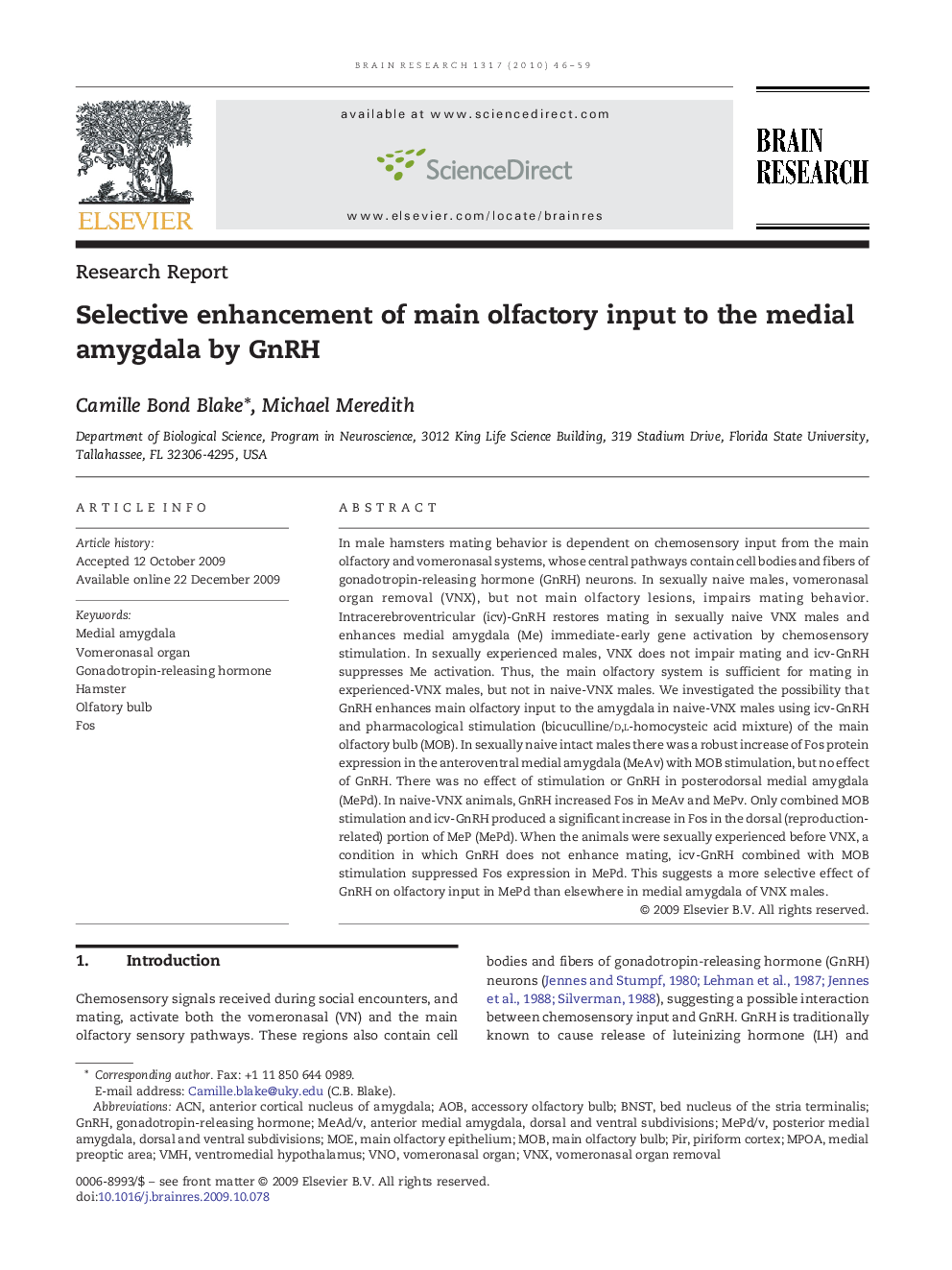 Selective enhancement of main olfactory input to the medial amygdala by GnRH