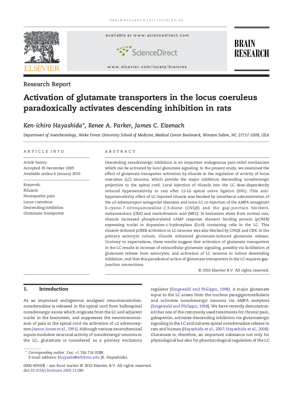 Activation of glutamate transporters in the locus coeruleus paradoxically activates descending inhibition in rats