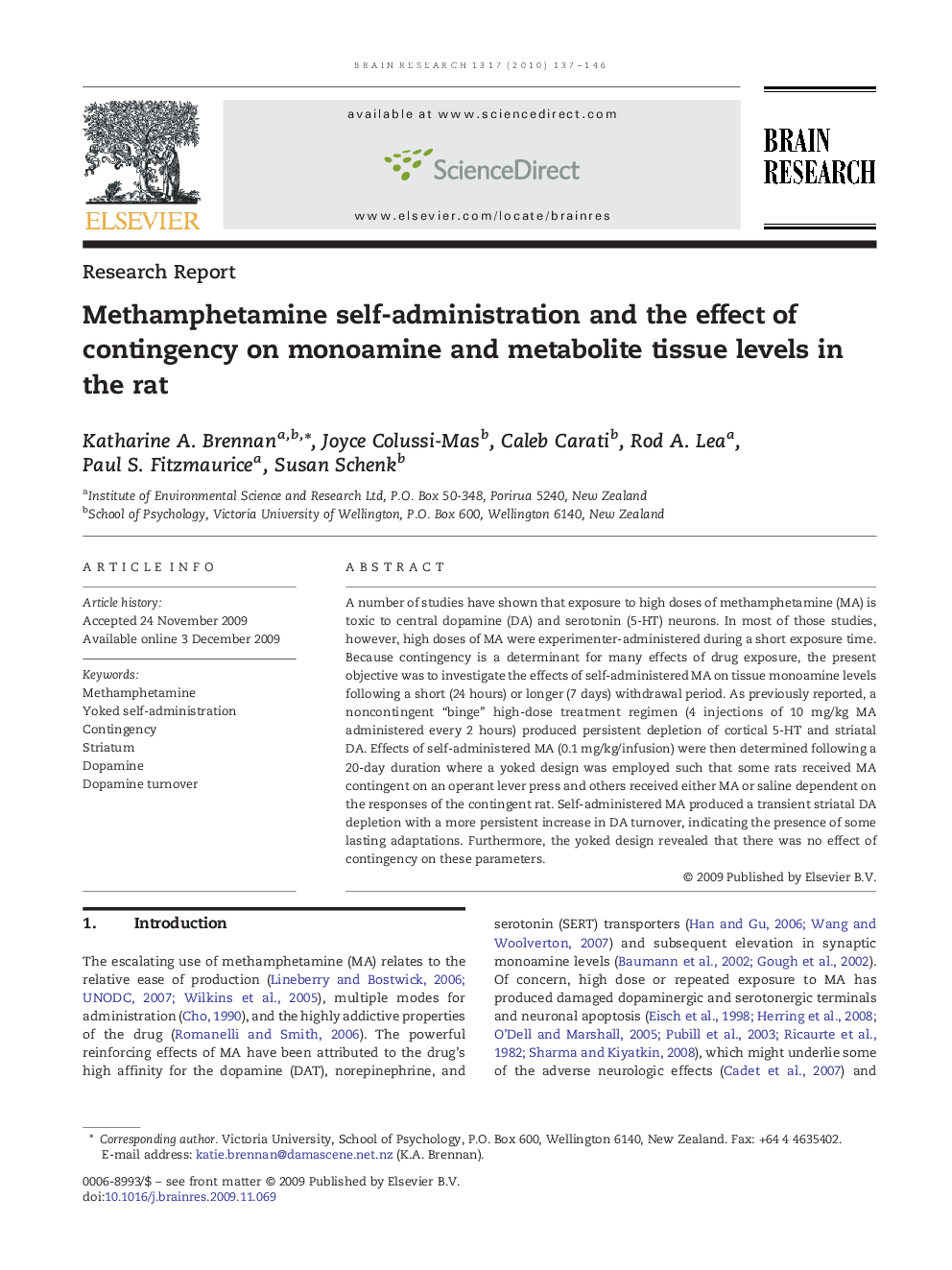 Methamphetamine self-administration and the effect of contingency on monoamine and metabolite tissue levels in the rat