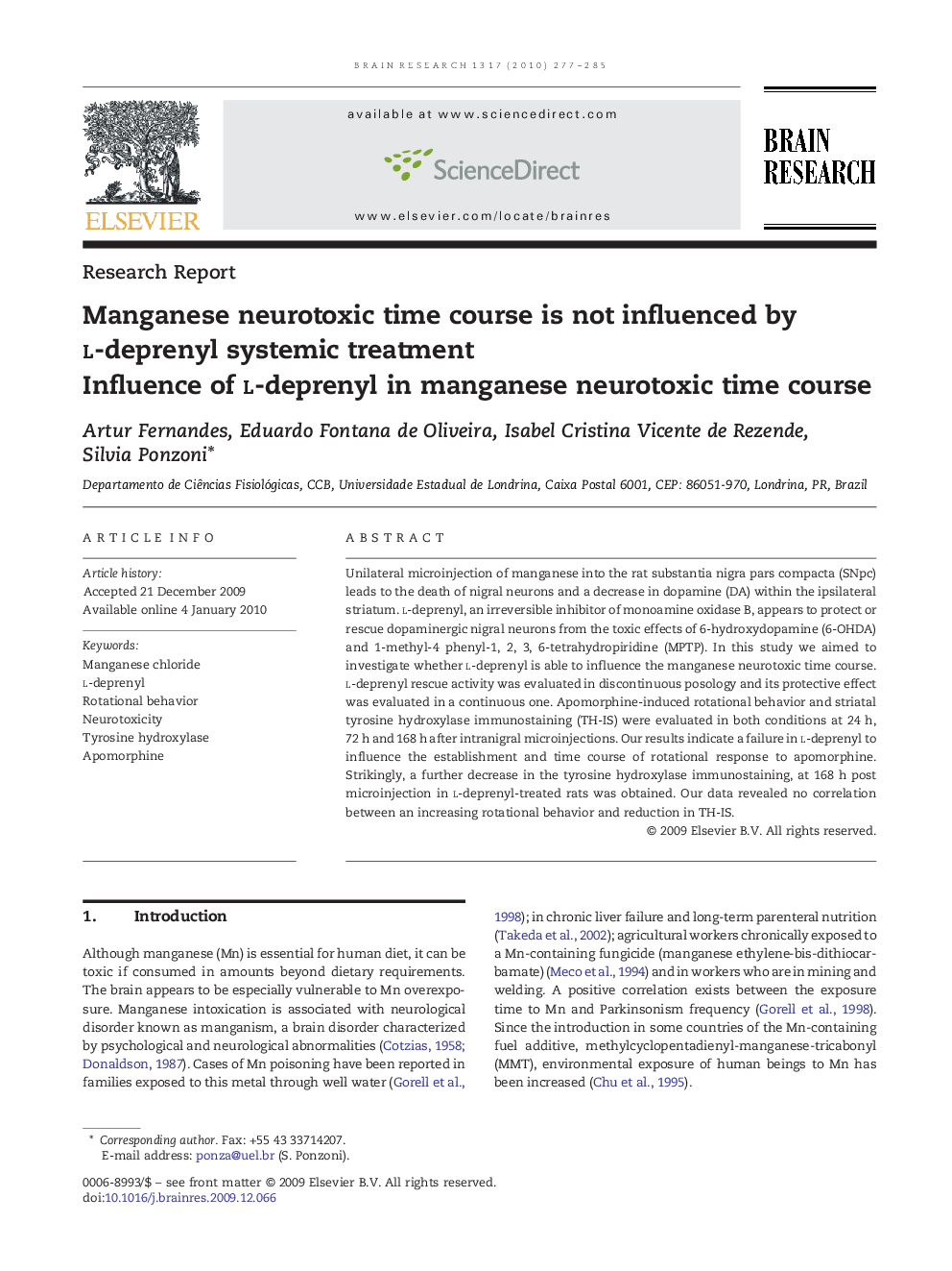 عکس صفحه اول مقاله: Manganese neurotoxic time course is not influenced by l-deprenyl systemic treatment: Influence of l-deprenyl in manganese neurotoxic time course Manganese neurotoxic time course is not influenced by l-deprenyl systemic treatment: Influence of l-deprenyl in manganese neurotoxic time course