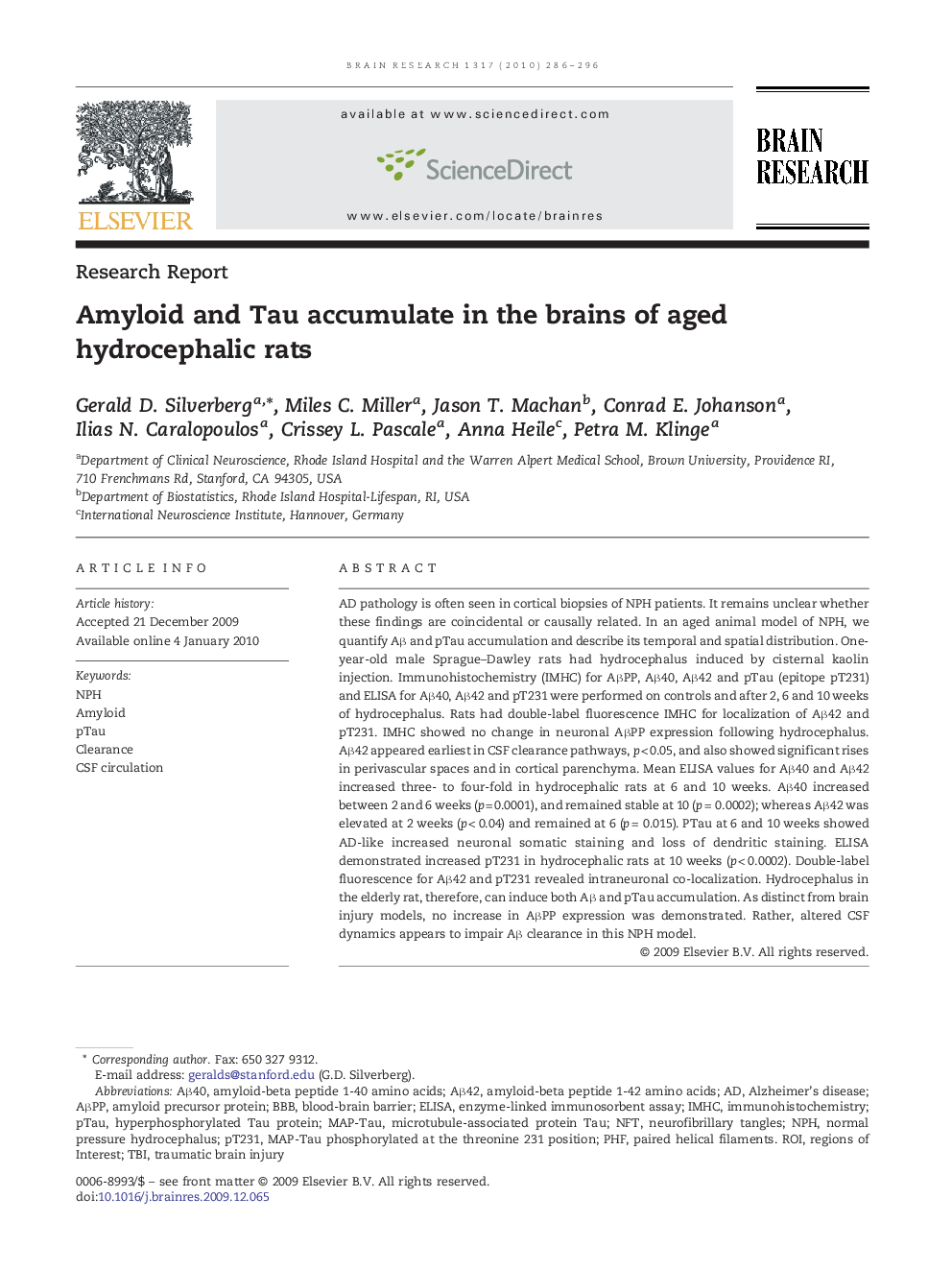 Amyloid and Tau accumulate in the brains of aged hydrocephalic rats