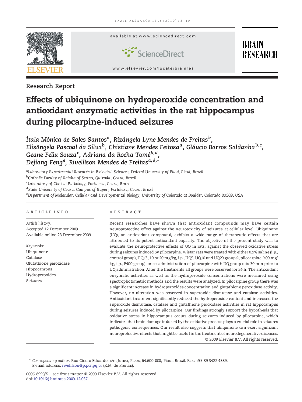 Effects of ubiquinone on hydroperoxide concentration and antioxidant enzymatic activities in the rat hippocampus during pilocarpine-induced seizures