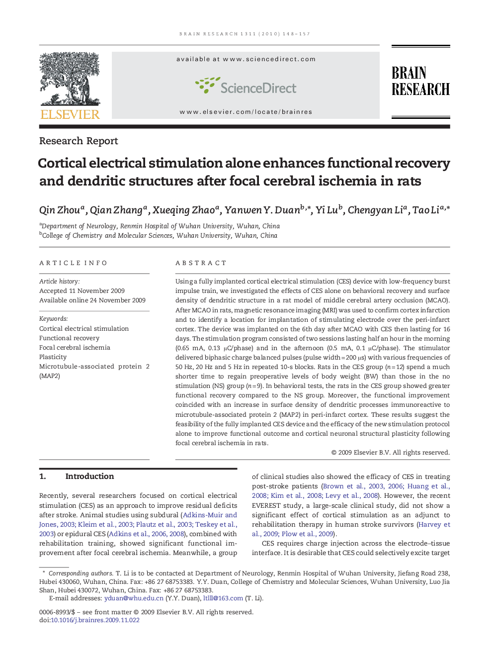 Cortical electrical stimulation alone enhances functional recovery and dendritic structures after focal cerebral ischemia in rats