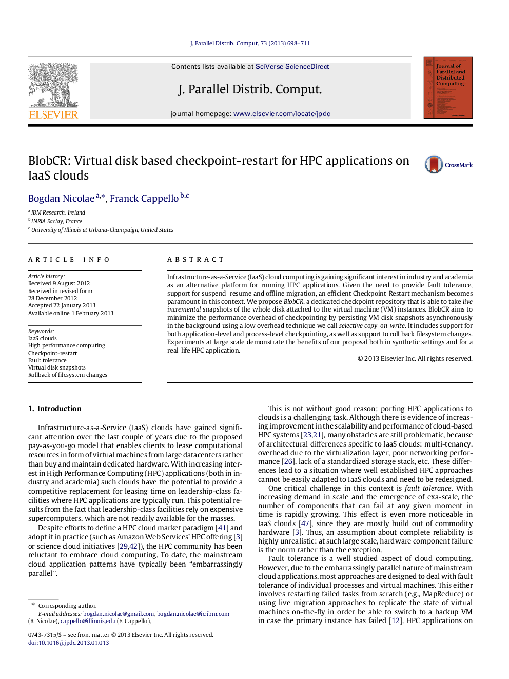 عکس صفحه اول مقاله: BlobCR: Virtual disk based checkpoint-restart for HPC applications on IaaS clouds BlobCR: Virtual disk based checkpoint-restart for HPC applications on IaaS clouds