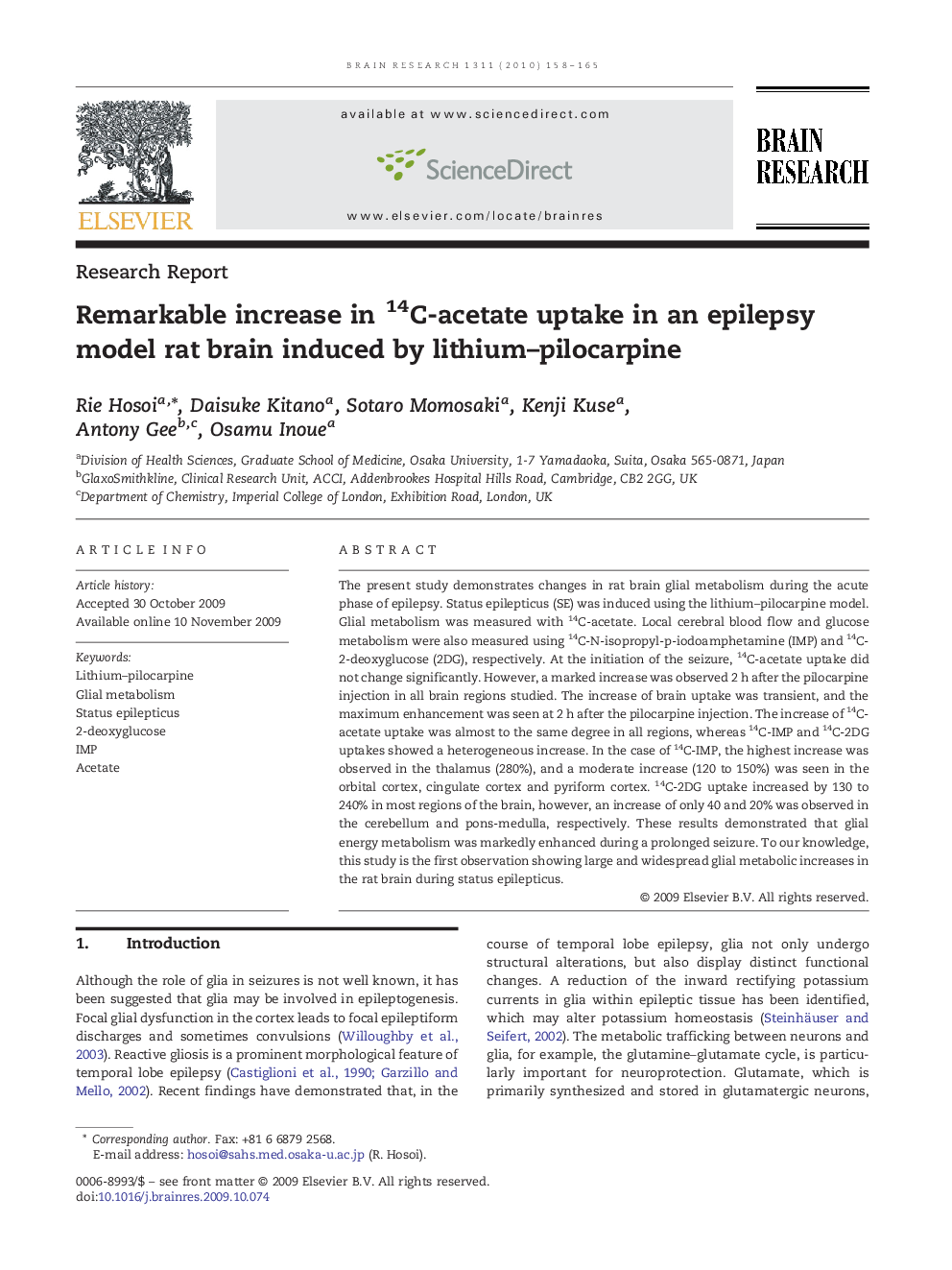 Remarkable increase in 14C-acetate uptake in an epilepsy model rat brain induced by lithium-pilocarpine