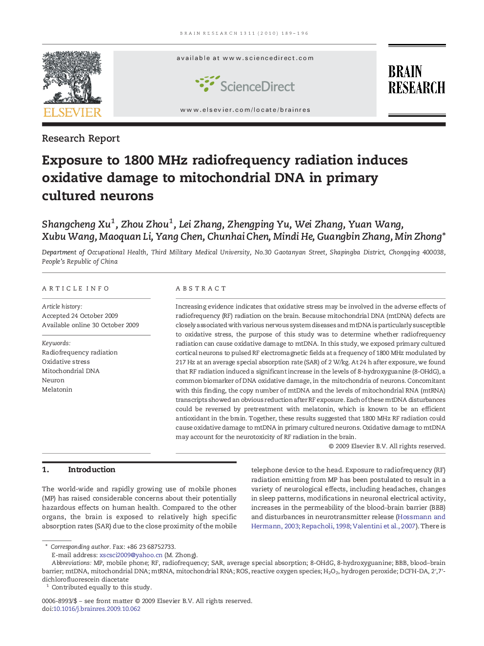 Exposure to 1800 MHz radiofrequency radiation induces oxidative damage to mitochondrial DNA in primary cultured neurons