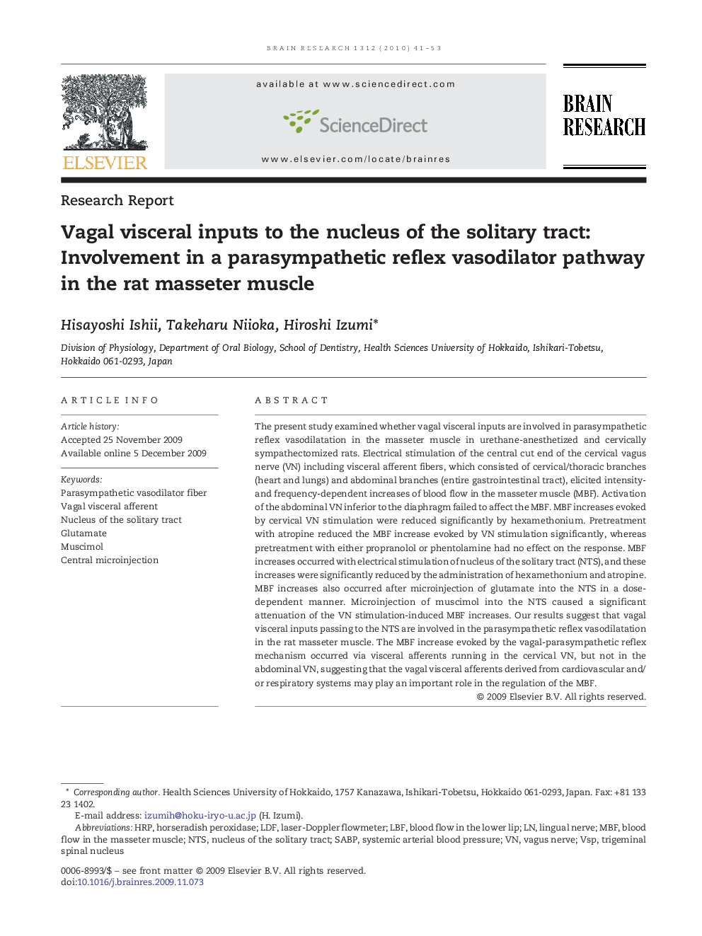 Vagal visceral inputs to the nucleus of the solitary tract: Involvement in a parasympathetic reflex vasodilator pathway in the rat masseter muscle