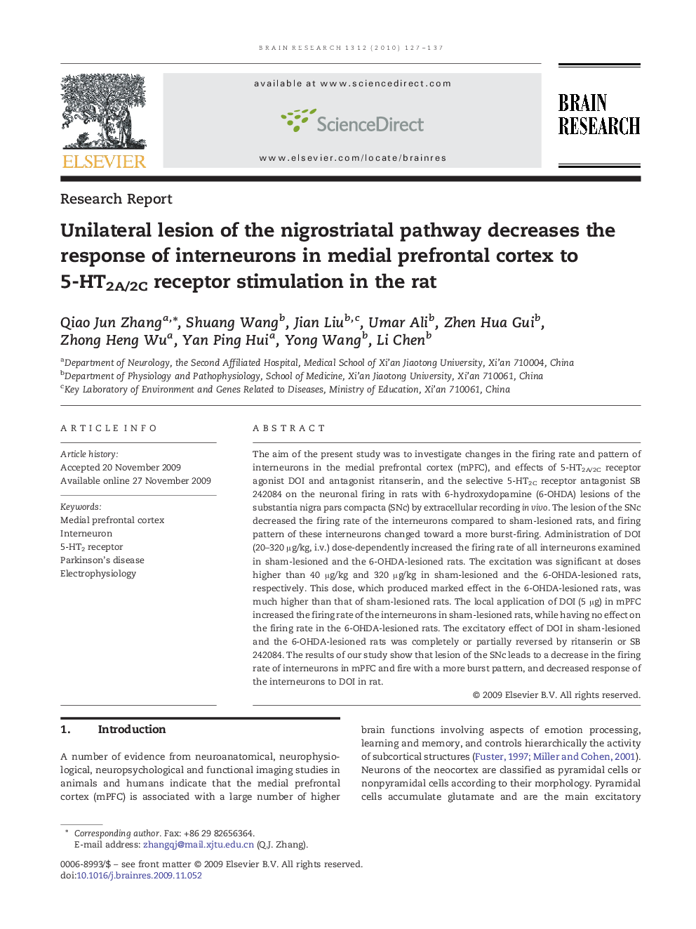 Unilateral lesion of the nigrostriatal pathway decreases the response of interneurons in medial prefrontal cortex to 5-HT2A/2C receptor stimulation in the rat