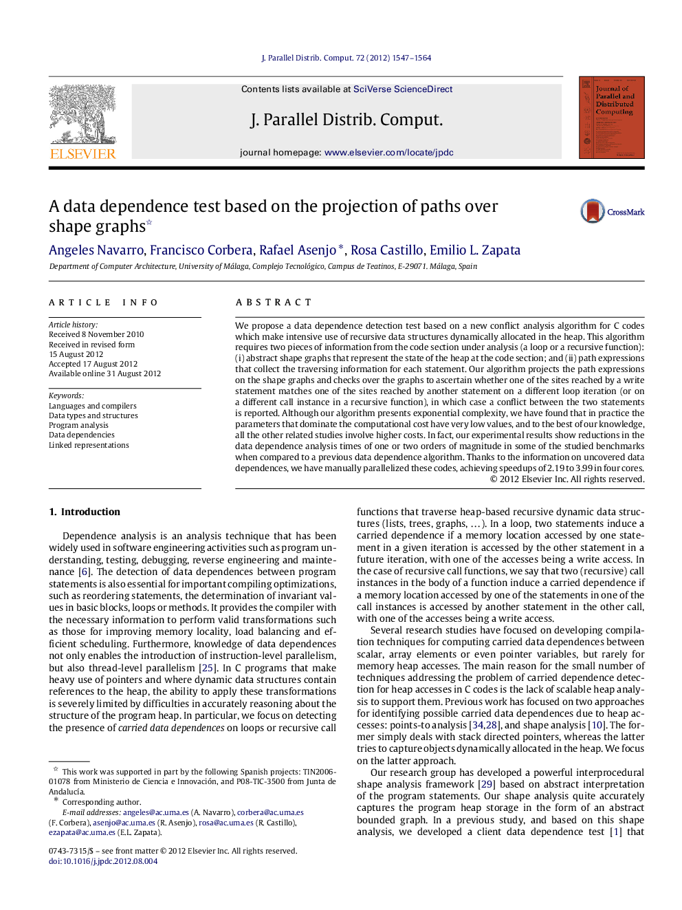 A data dependence test based on the projection of paths over shape graphs 