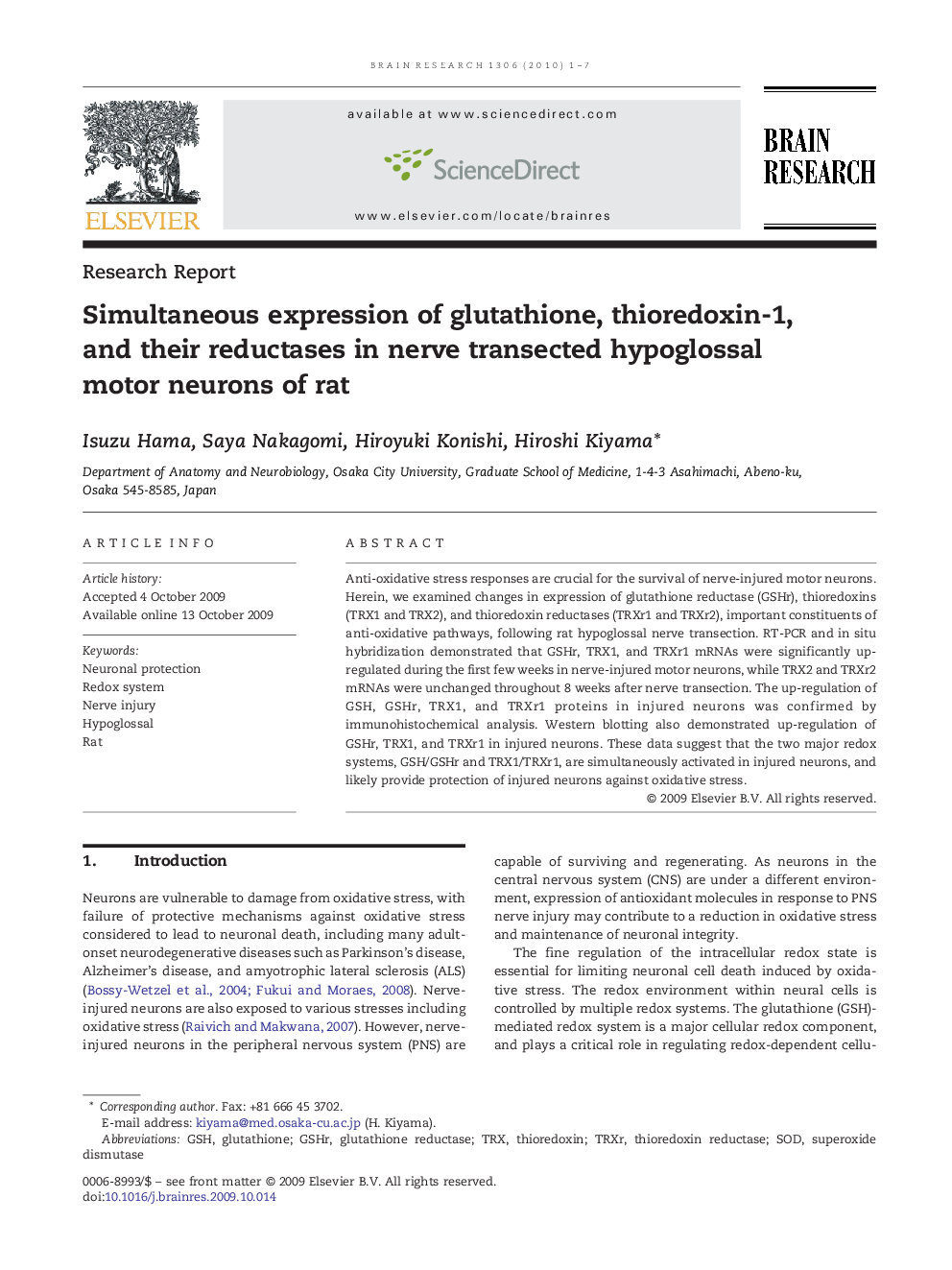 Simultaneous expression of glutathione, thioredoxin-1, and their reductases in nerve transected hypoglossal motor neurons of rat