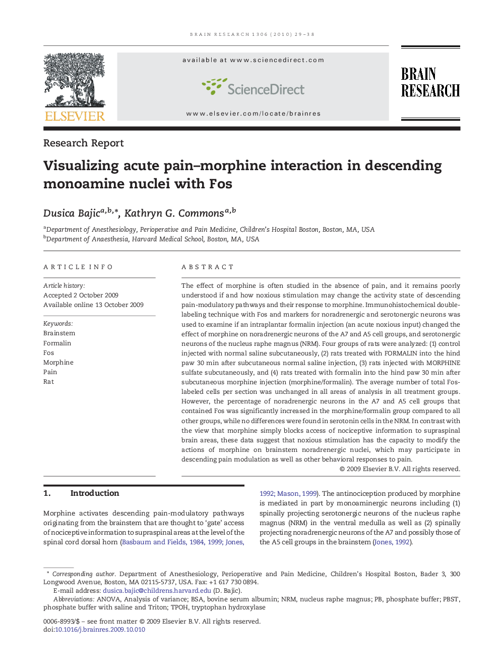 Visualizing acute pain–morphine interaction in descending monoamine nuclei with Fos