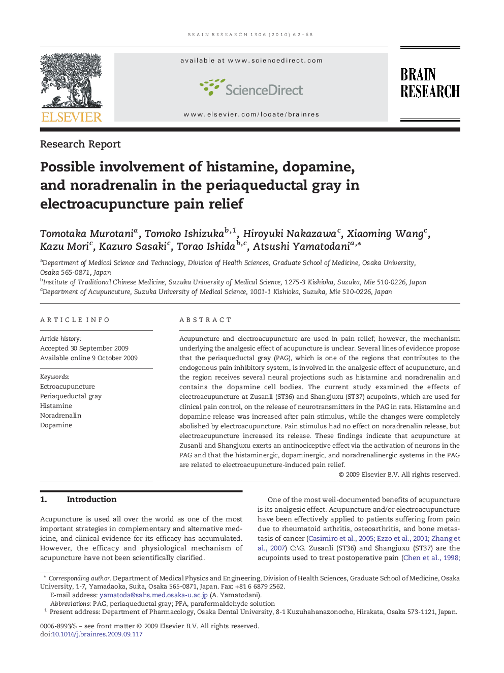 Possible involvement of histamine, dopamine, and noradrenalin in the periaqueductal gray in electroacupuncture pain relief