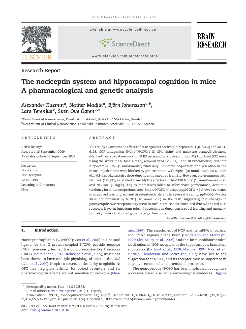 The nociceptin system and hippocampal cognition in mice A pharmacological and genetic analysis