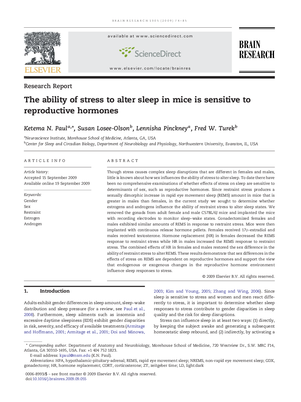 The ability of stress to alter sleep in mice is sensitive to reproductive hormones