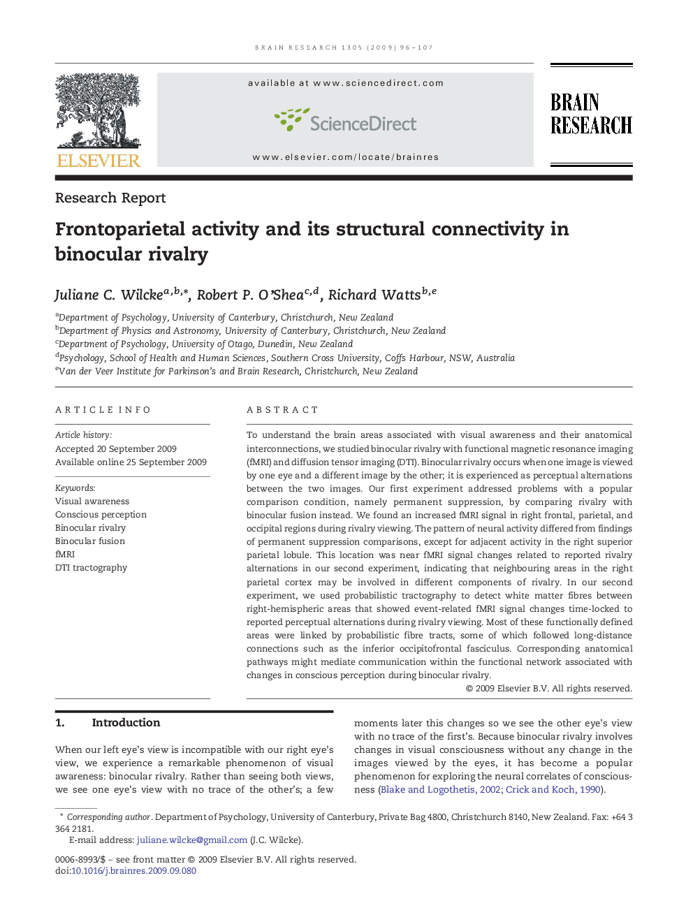 Frontoparietal activity and its structural connectivity in binocular rivalry