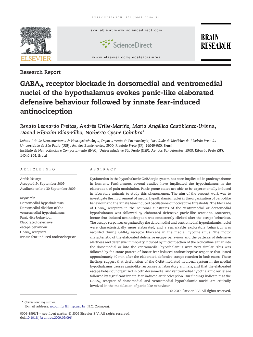 GABAA receptor blockade in dorsomedial and ventromedial nuclei of the hypothalamus evokes panic-like elaborated defensive behaviour followed by innate fear-induced antinociception