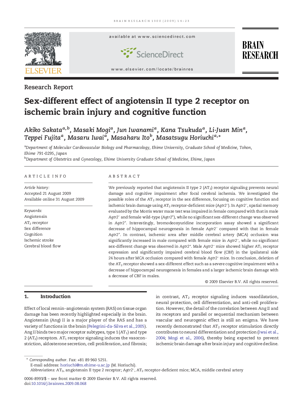 Sex-different effect of angiotensin II type 2 receptor on ischemic brain injury and cognitive function