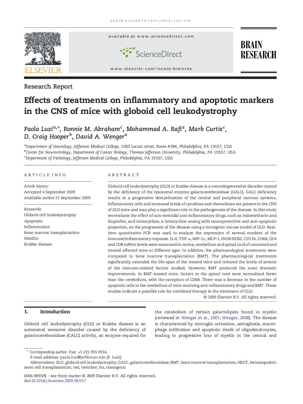 Effects of treatments on inflammatory and apoptotic markers in the CNS of mice with globoid cell leukodystrophy