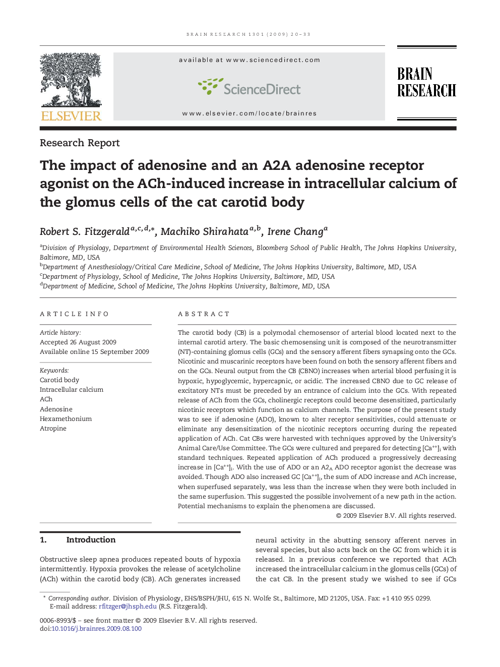 The impact of adenosine and an A2A adenosine receptor agonist on the ACh-induced increase in intracellular calcium of the glomus cells of the cat carotid body