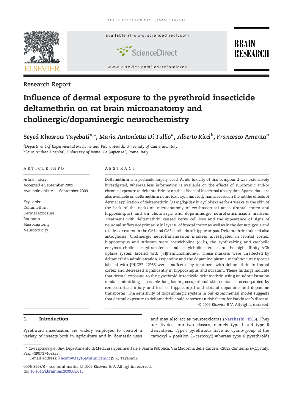 Influence of dermal exposure to the pyrethroid insecticide deltamethrin on rat brain microanatomy and cholinergic/dopaminergic neurochemistry